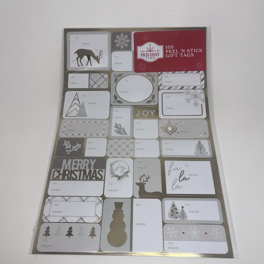 Holiday Time 100 Peel N Stick Gift Tags Christmas Gold & Gray Holiday Labels Sti